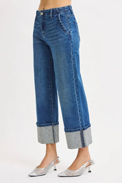 RISEN High Rise Ankle Wide Rhine Stone Cuffed Jeans on Simply Obsessed