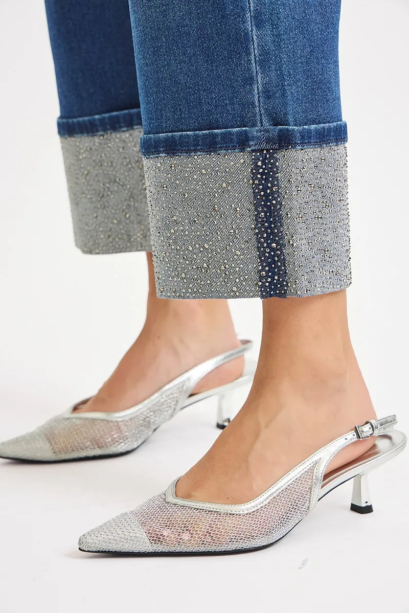 RISEN High Rise Ankle Wide Rhine Stone Cuffed Jeans on Simply Obsessed