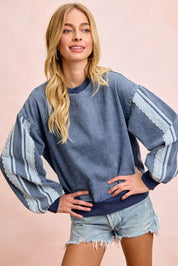 BIBI Washed Denim Lace Contrast Sided Sweatshirt **FALL DEBUT SALE** on Simply Obsessed