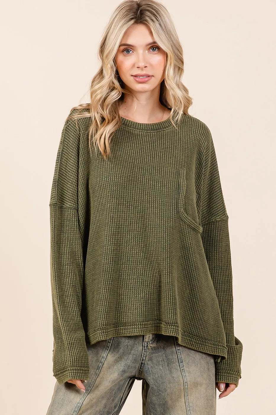 MITTOSHOP Mineral Wash Cutout Pocket Long Sleeve Waffle Top on Simply Obsessed