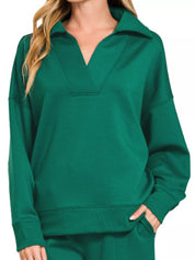 ZENANA Scuba Collared Pullover and Pants Set on Simply Obsessed