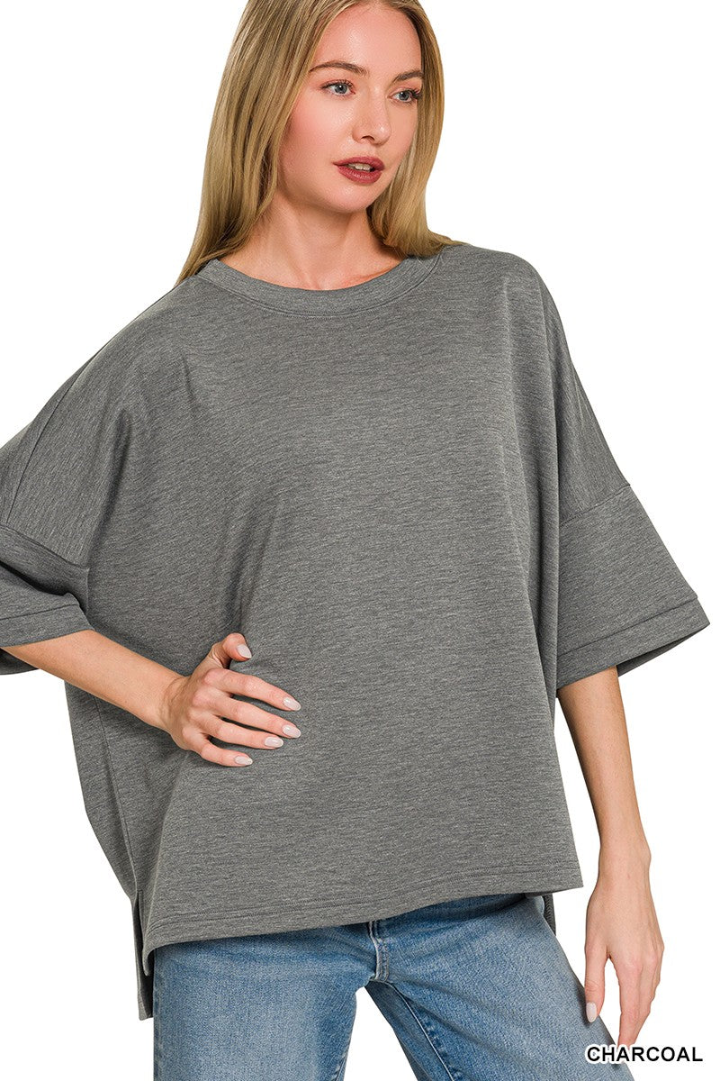 ZENANA Full Size Scuba Round Neck Top With Side Slits Plus Size on Simply Obsessed