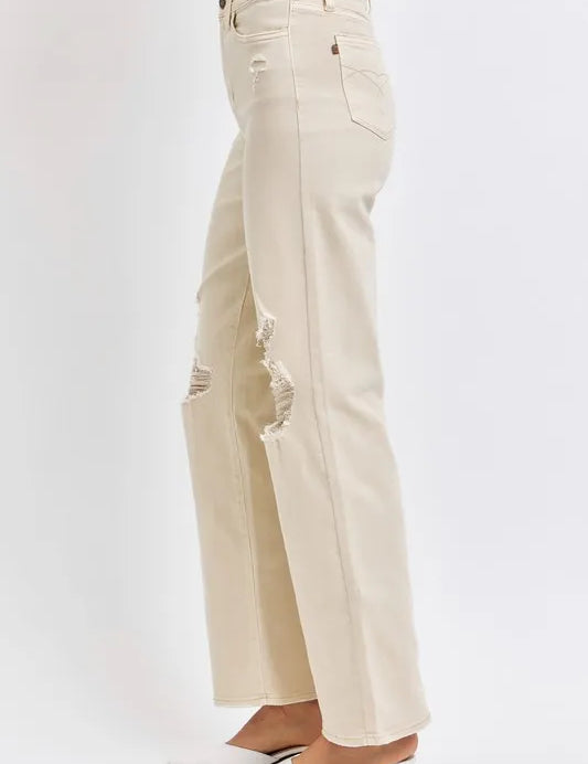 JUDY BLUE Full Size High Waist Distressed Wide Leg Jeans on Simply Obsessed