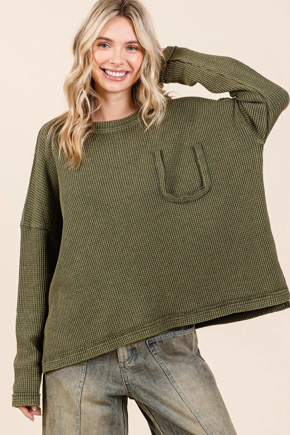 MITTOSHOP Mineral Wash Cutout Pocket Long Sleeve Waffle Top on Simply Obsessed