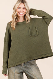 MITTOSHOP Mineral Wash Cutout Pocket Long Sleeve Waffle Top on Simply Obsessed