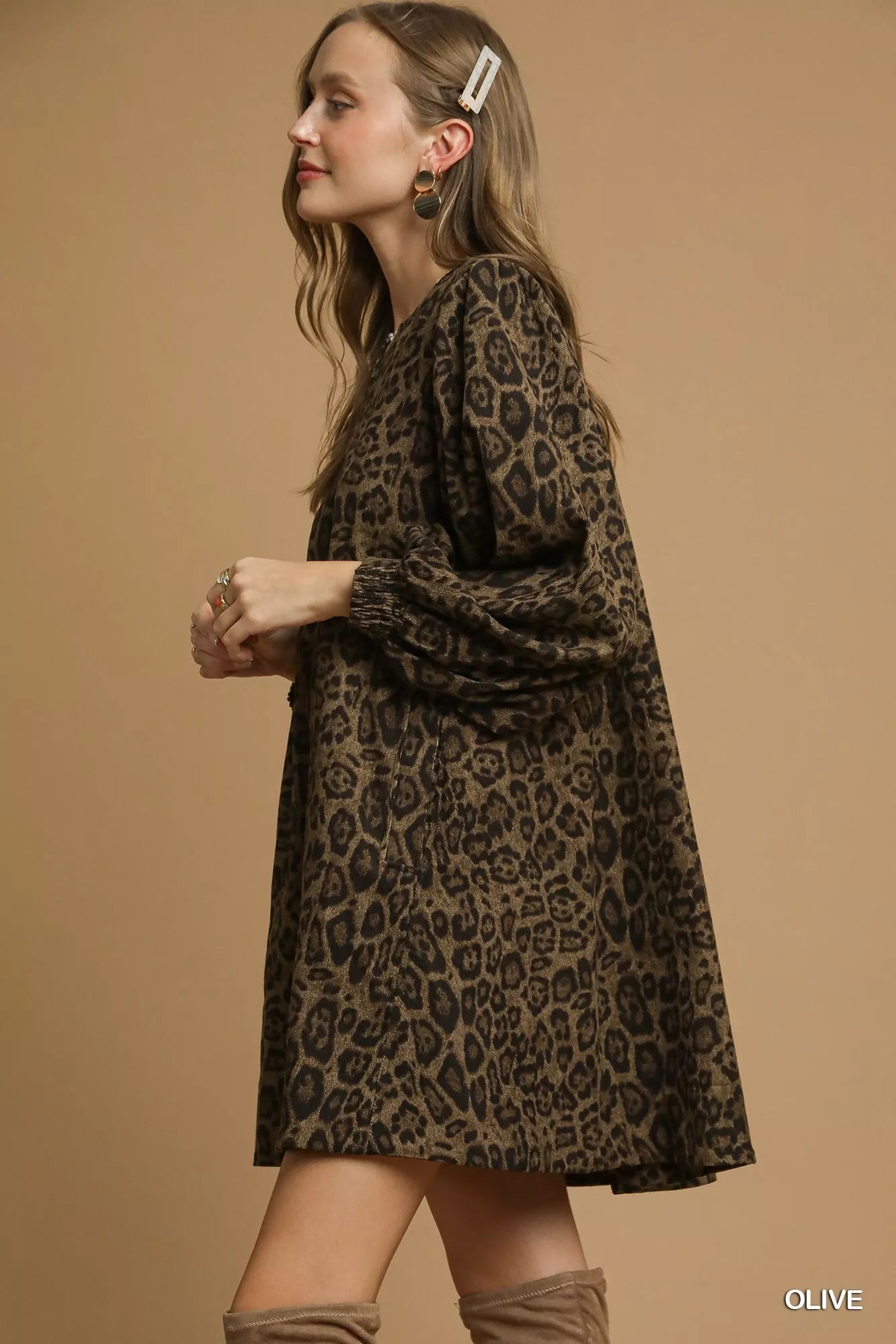 Umgee Leopard Print Long Sleeve Swing Dress on Simply Obsessed