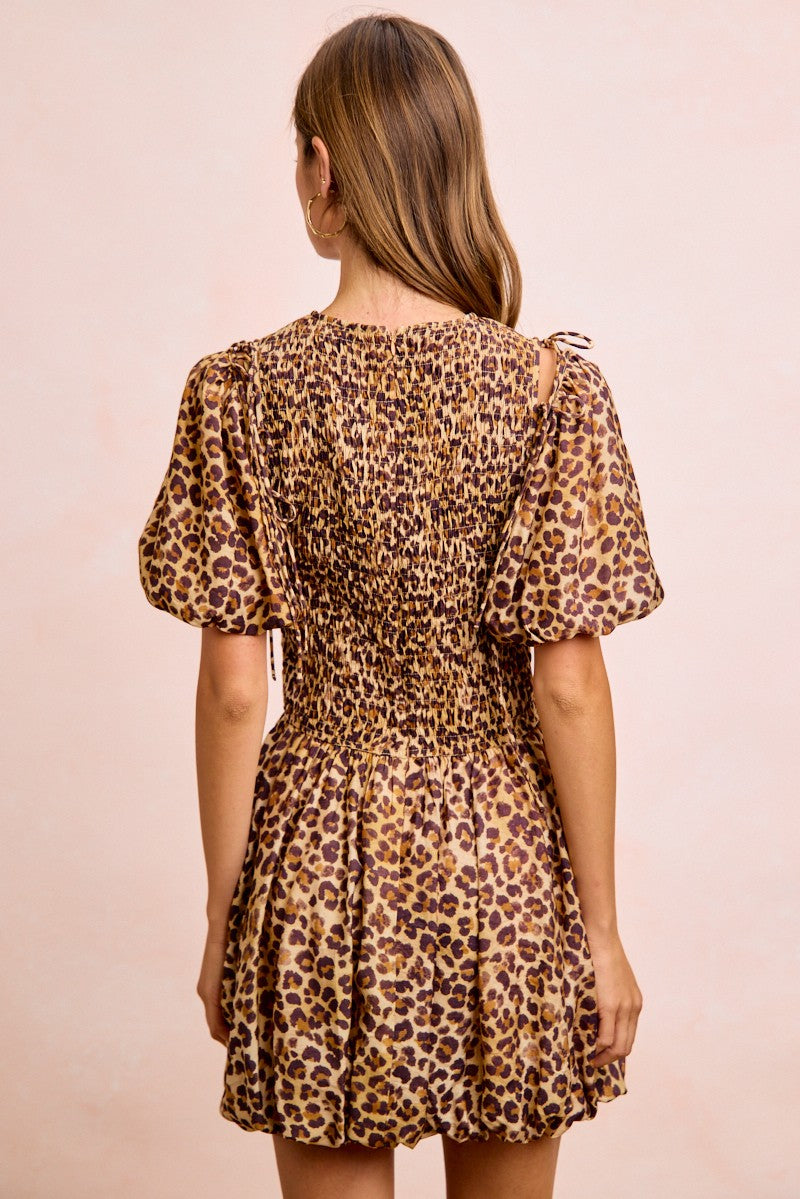 BIBI Leopard Bow Tie Attachable Puff Sleeves Dress on Simply Obsessed