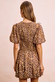 BIBI Leopard Bow Tie Attachable Puff Sleeves Dress on Simply Obsessed