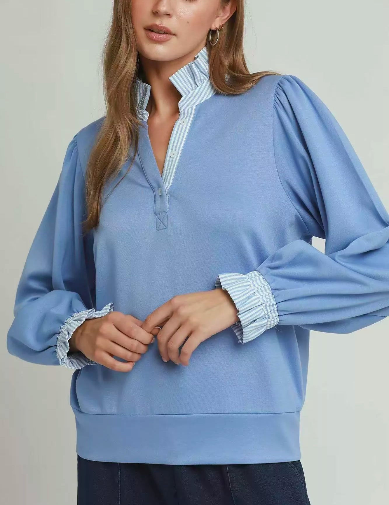 UMGEE Stripe Ruffle Neck Long Sleeve Top on Simply Obsessed