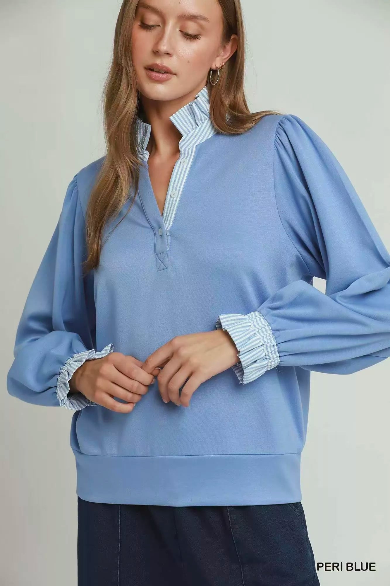 UMGEE Stripe Ruffle Neck Long Sleeve Top on Simply Obsessed
