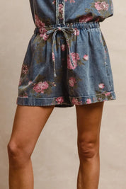 BiBi Floral Printed Denim Short Pants With Pocket on Simply Obsessed