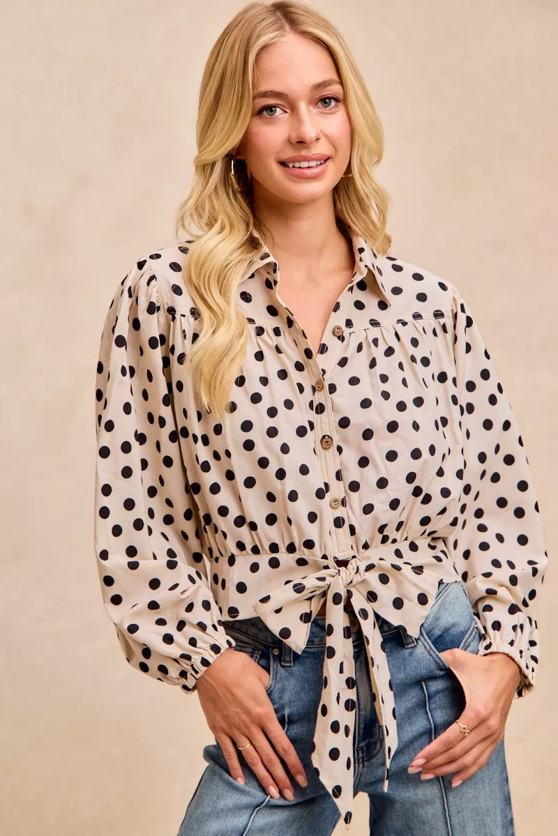 BIBI Polka Dot Print Tie Hem Detail Crop Shirt on Simply Obsessed
