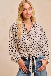 BIBI Polka Dot Print Tie Hem Detail Crop Shirt on Simply Obsessed