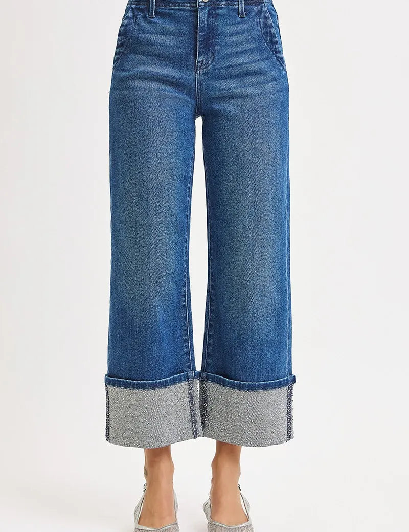 RISEN High Rise Ankle Wide Rhine Stone Cuffed Jeans on Simply Obsessed