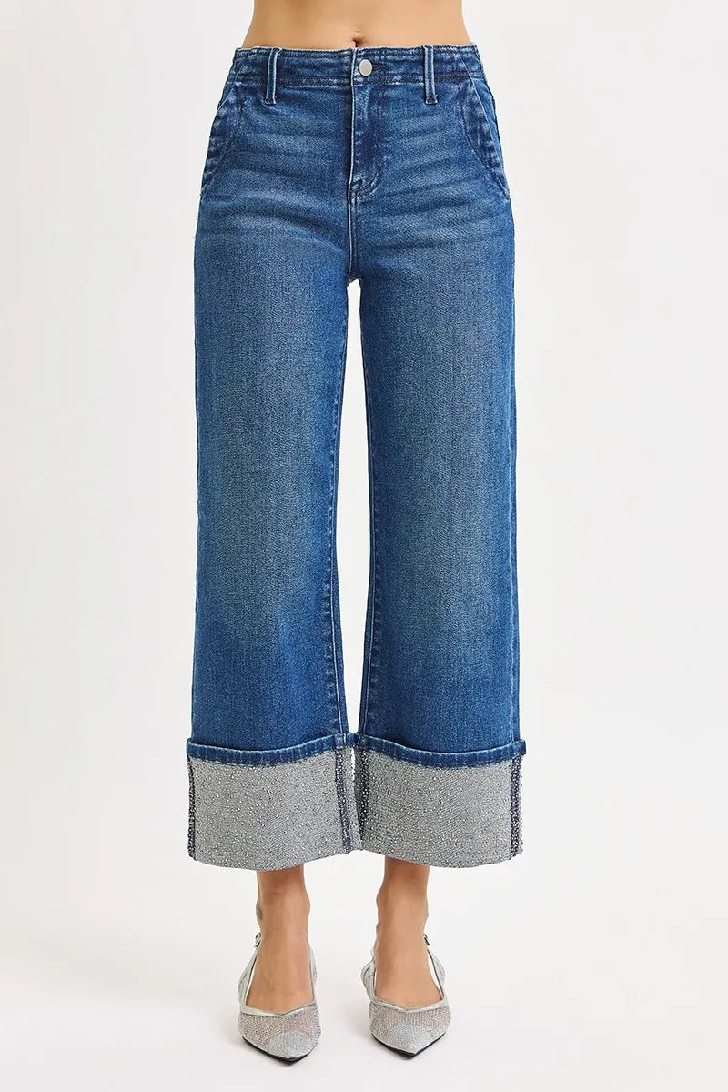 RISEN High Rise Ankle Wide Rhine Stone Cuffed Jeans on Simply Obsessed
