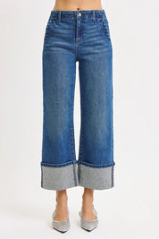 RISEN High Rise Ankle Wide Rhine Stone Cuffed Jeans on Simply Obsessed