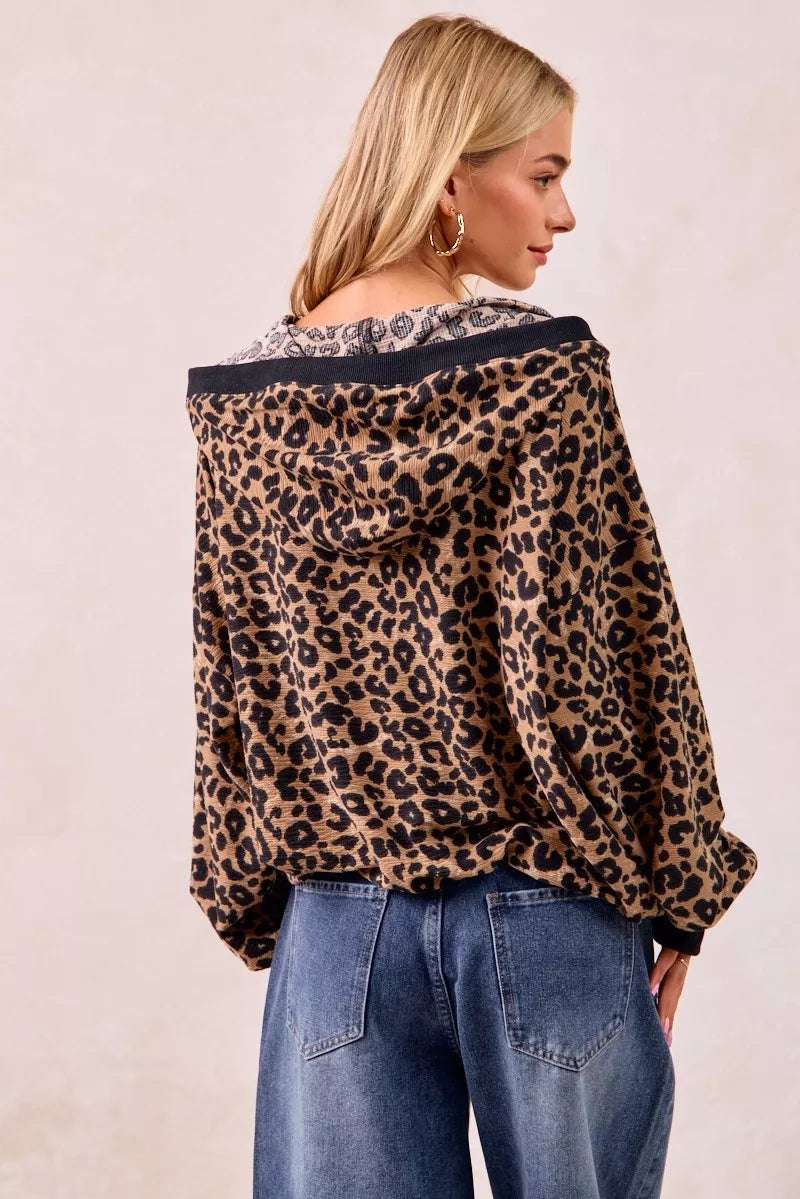 BiBi Leopard Print Waffle Half Zip Up Hoodie W Pocket on Simply Obsessed