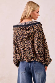 BiBi Leopard Print Waffle Half Zip Up Hoodie W Pocket on Simply Obsessed