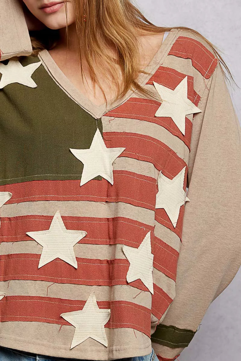 POL Double Gauze American Flag Patch V-Neck Long Sleeve T-Shirt on Simply Obsessed