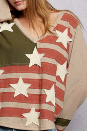 POL Double Gauze American Flag Patch V-Neck Long Sleeve T-Shirt on Simply Obsessed