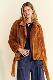 DAVI & DANI Fuzzy Zip Up Collared Neck Jacket on Simply Obsessed