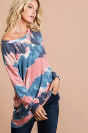 BiBi Tie Dye French Terry Pull Over with Front Stitching Detail on Simply Obsessed
