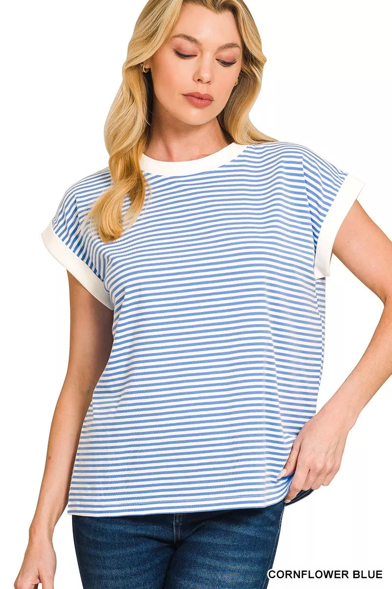 ZENANA Striped Round Neck Short Sleeve Contrast Trim T-Shirt on Simply Obsessed
