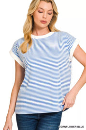 ZENANA Striped Round Neck Short Sleeve Contrast Trim T-Shirt on Simply Obsessed
