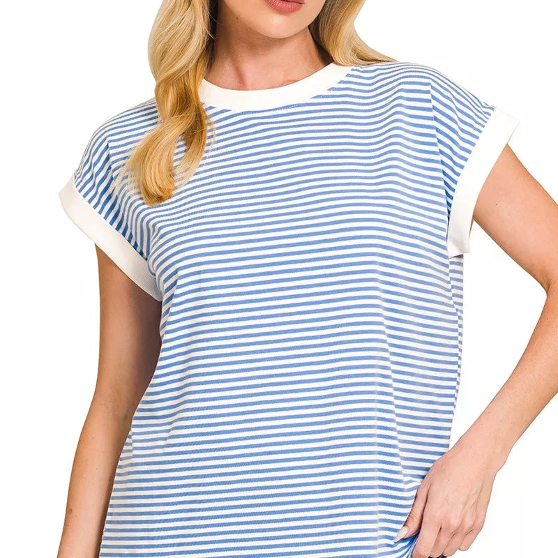 ZENANA Striped Round Neck Short Sleeve Contrast Trim T-Shirt on Simply Obsessed