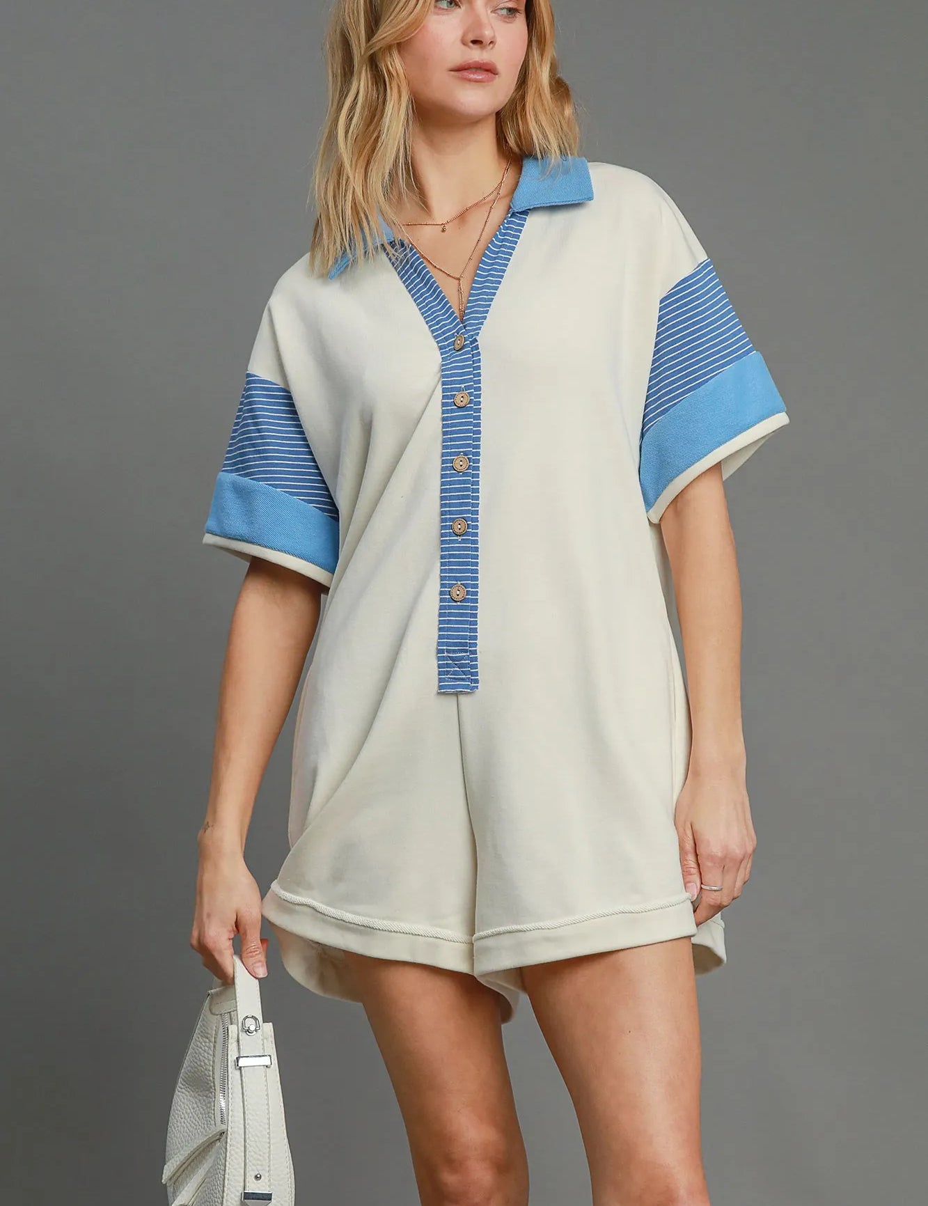 Umgee French Terry Collared Colorblock Romper on Simply Obsessed