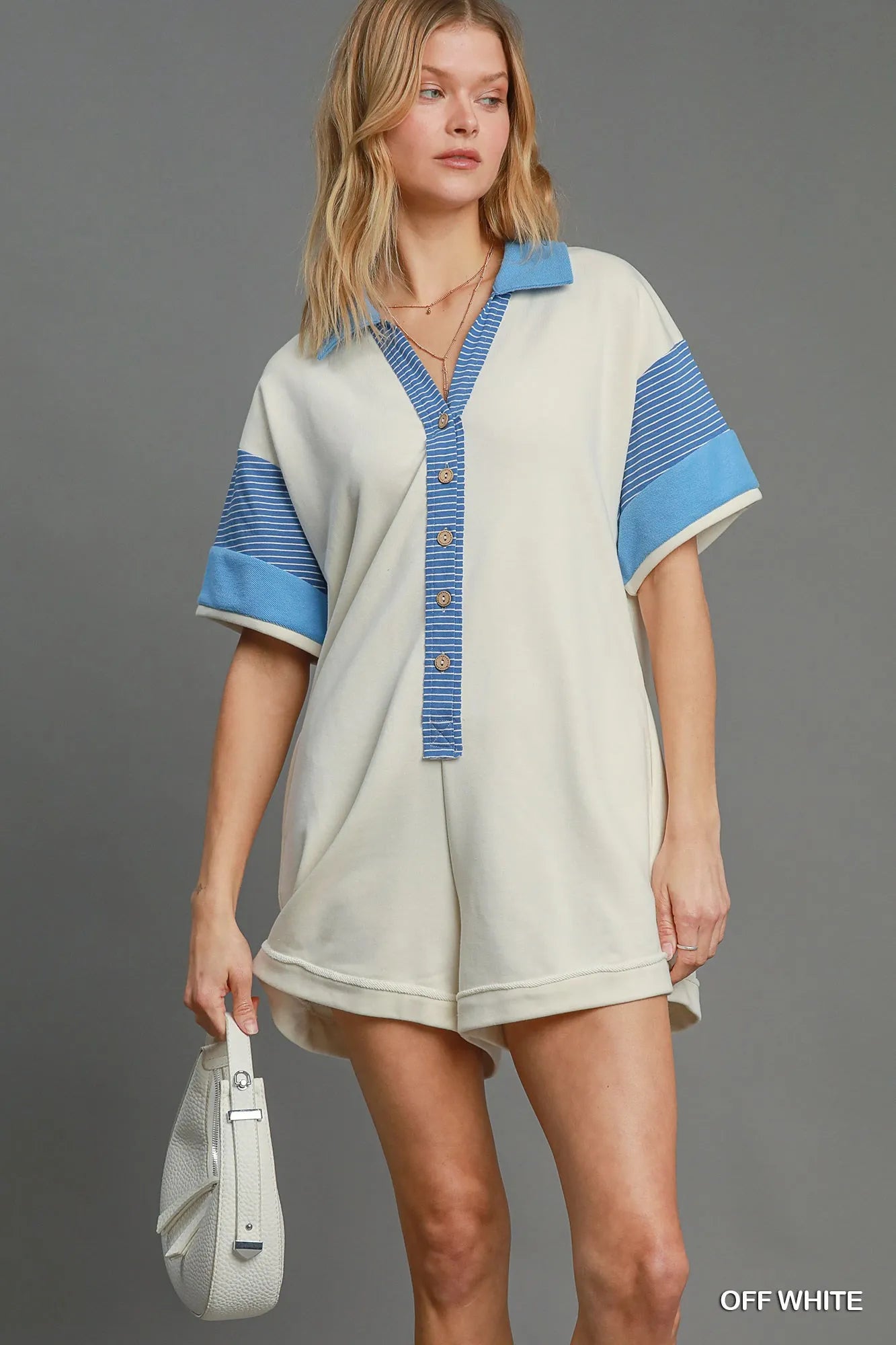 Umgee French Terry Collared Colorblock Romper on Simply Obsessed