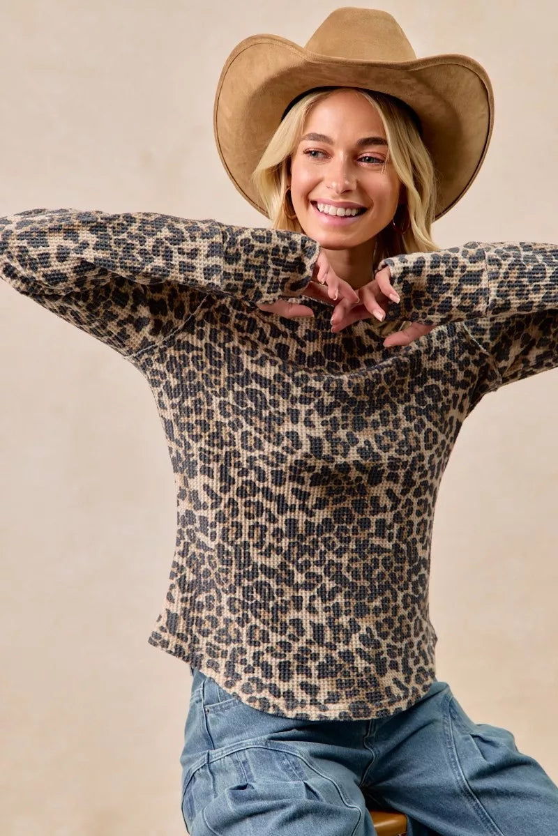 BIBI Leopard Print Washed Waffle Thermal Top with Thumb on Simply Obsessed