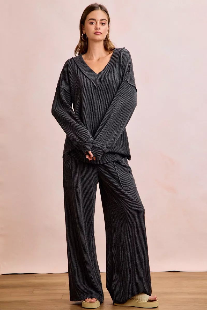 BIBI Two Tone Cord Rib Contrast Stitching V-Neck Top and Pants Set on Simply Obsessed