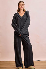 BIBI Two Tone Cord Rib Contrast Stitching V-Neck Top and Pants Set on Simply Obsessed