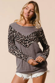 BiBi Sweater Knit Top With Leopard V Shape Block on Simply Obsessed