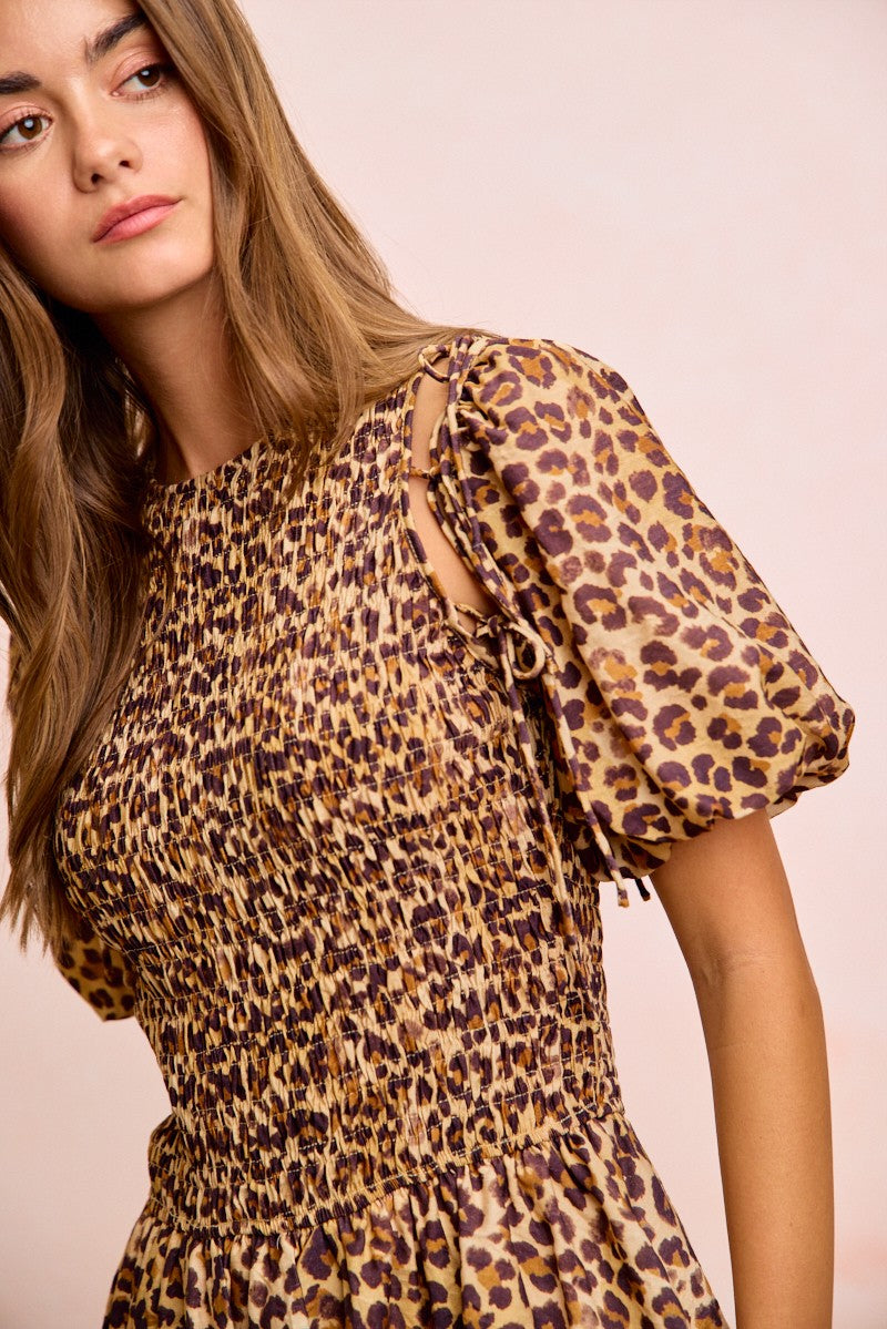 BIBI Leopard Bow Tie Attachable Puff Sleeves Dress on Simply Obsessed