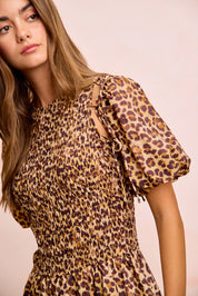 BIBI Leopard Bow Tie Attachable Puff Sleeves Dress on Simply Obsessed