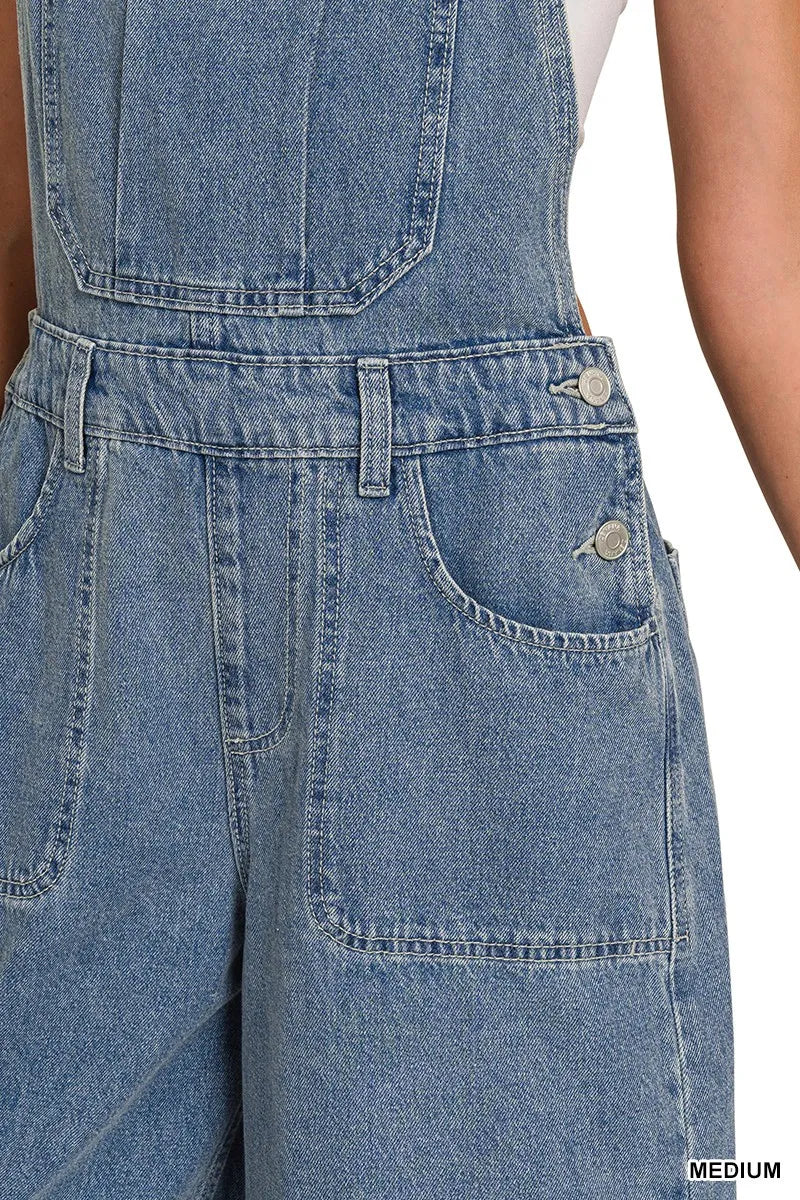ZENANA Denim Medium Washed Wide Leg Overalls on Simply Obsessed