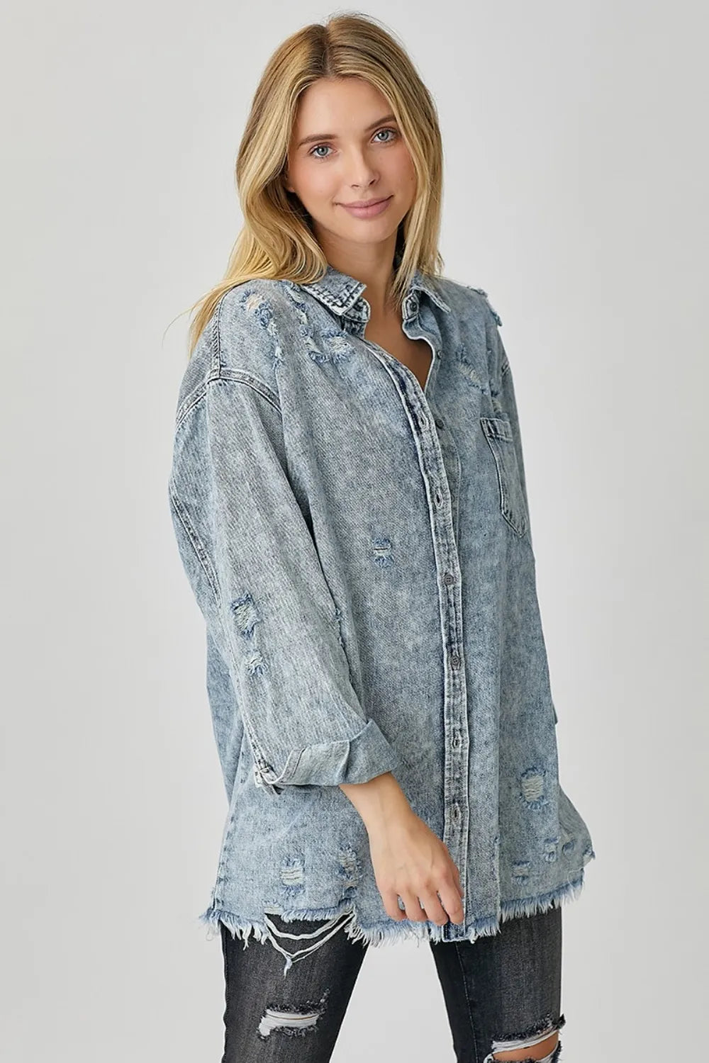 RISEN Distressed Raw Hem Denim Shirt on Simply Obsessed