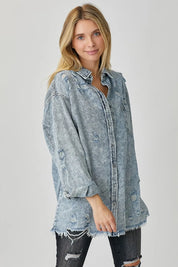 RISEN Distressed Raw Hem Denim Shirt on Simply Obsessed