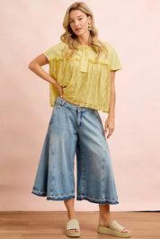 BIBI Solid Jersey With Lace Combo Ruffled Buttoned Top on Simply Obsessed