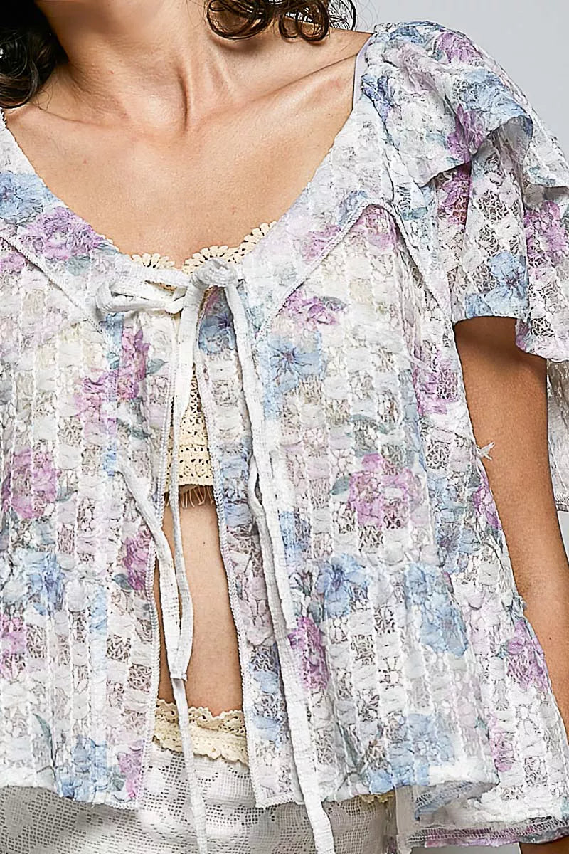 POL Lace Detail Floral Tie Front Ruffle Short Sleeve Blouse on Simply Obsessed