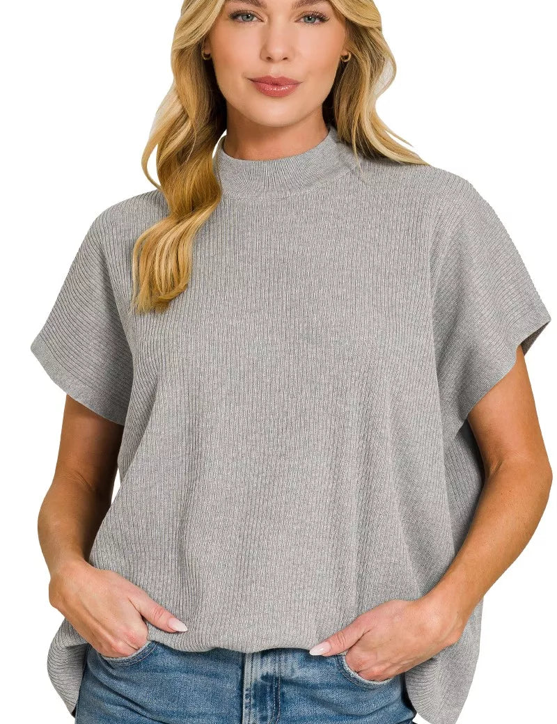 ZENANA Viscose Mock Neck Short Sleeve Boxy Sweater on Simply Obsessed