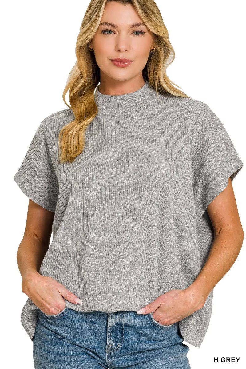 ZENANA Viscose Mock Neck Short Sleeve Boxy Sweater on Simply Obsessed