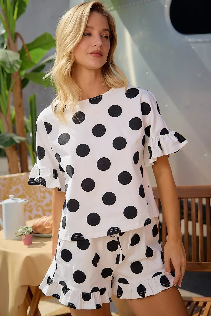 BIBI Polka Dots Printed Ruffled Detail Top And Shorts Set **DOORBUSTER** on Simply Obsessed