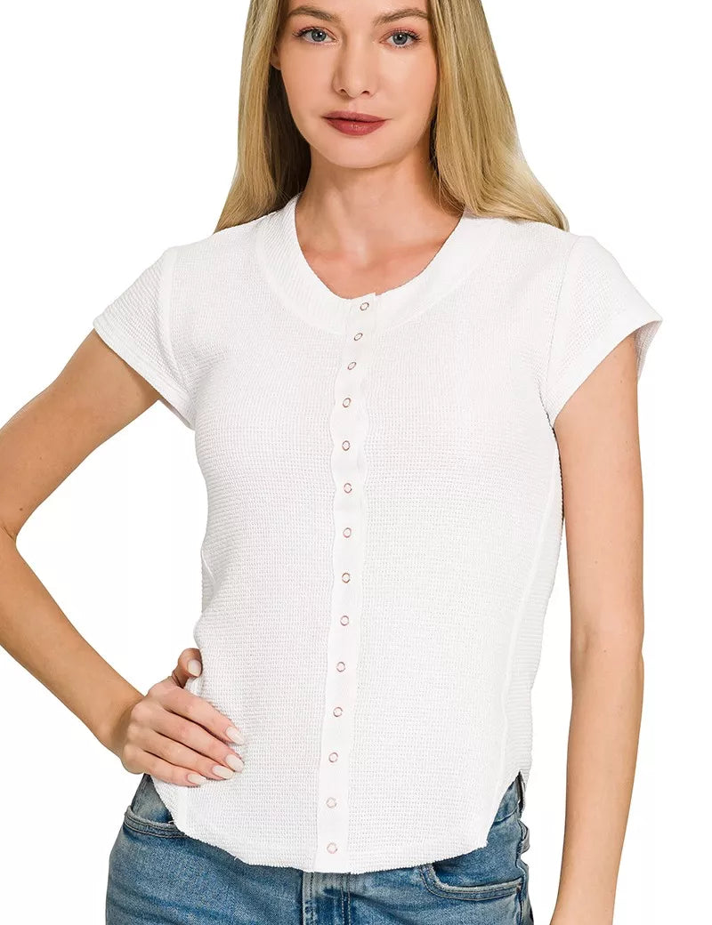 ZENANA Double Knit Snap Button Short Sleeve Shirt on Simply Obsessed