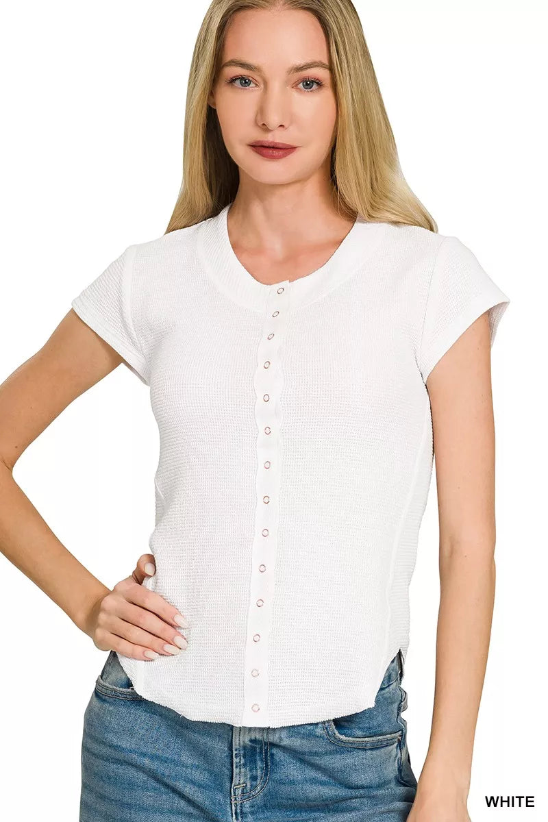 ZENANA Double Knit Snap Button Short Sleeve Shirt on Simply Obsessed