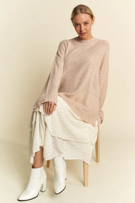 DAVI & DANI High-Low Round Neck Drop Shoulder Sweater on Simply Obsessed