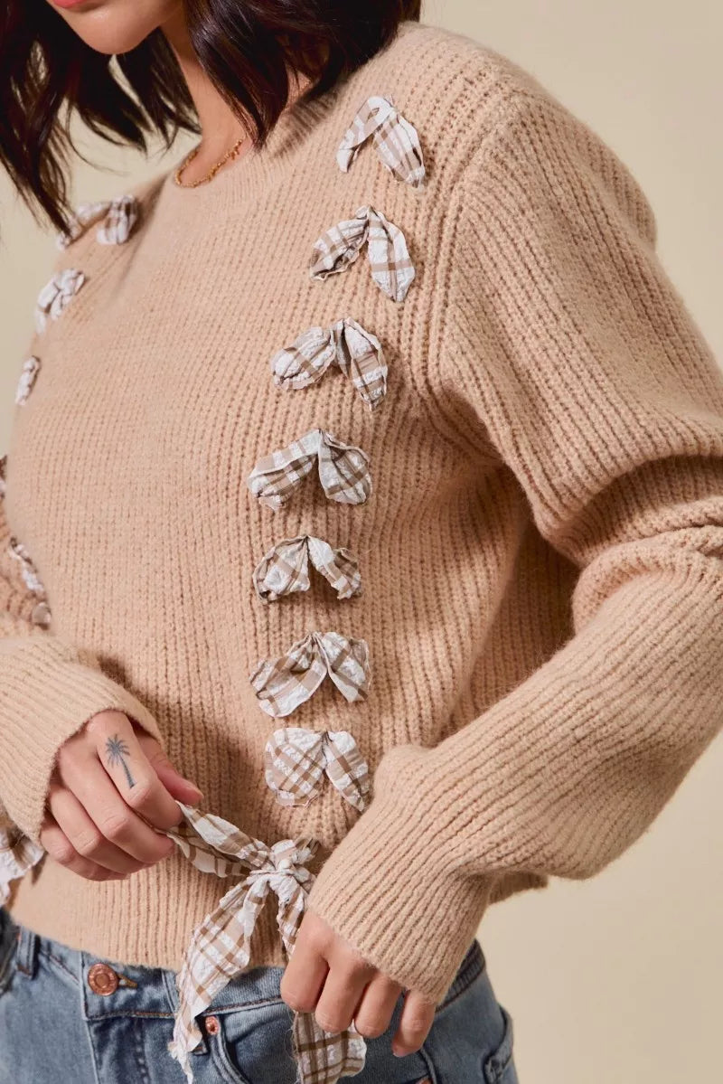 SO ME Checkered Plaid Tape Lace Up Ribbed Sweater on Simply Obsessed
