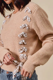 SO ME Checkered Plaid Tape Lace Up Ribbed Sweater on Simply Obsessed